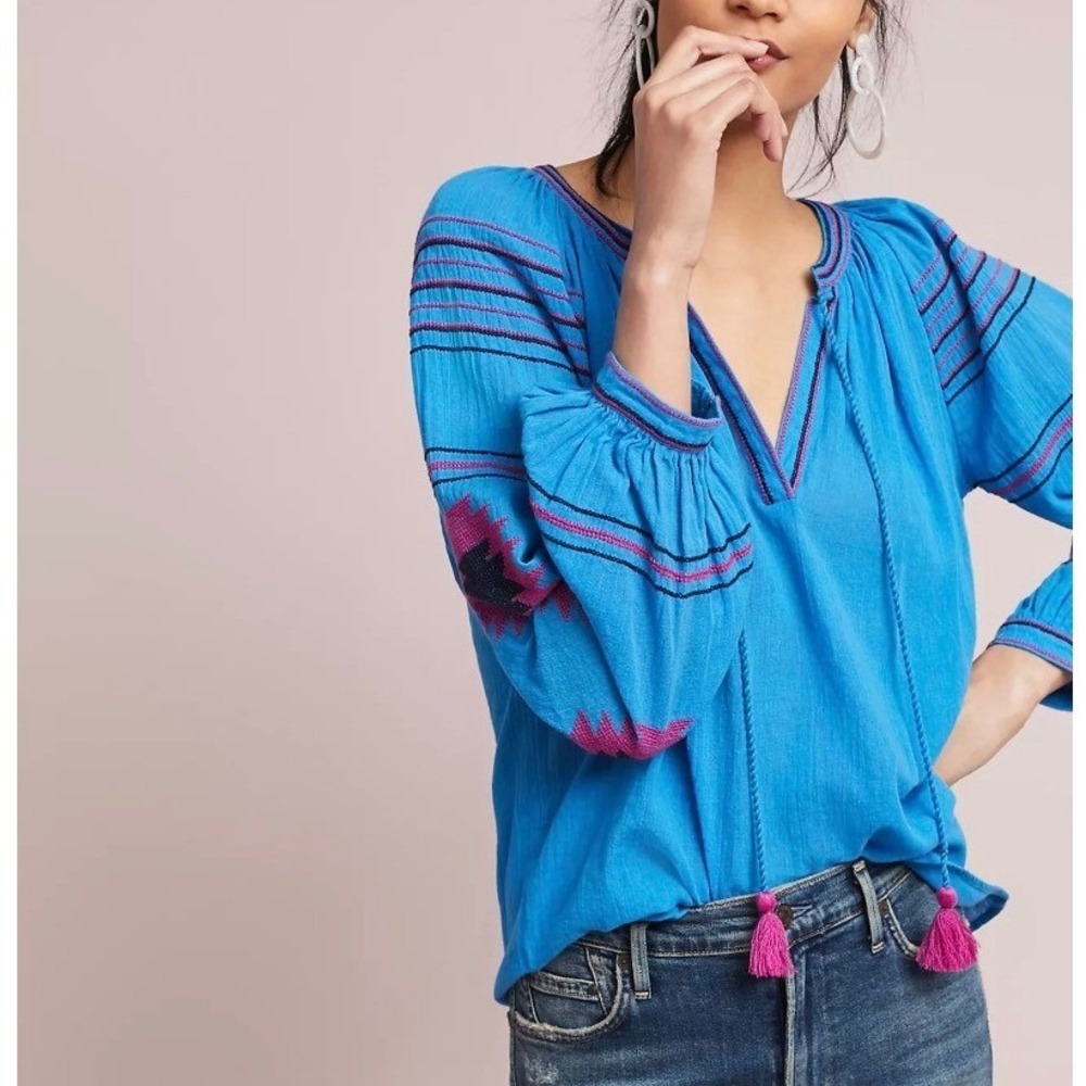 Maeve Anthropologie Runaway Peasant Top Medium Blue Pink Embroidered Tassel Boho